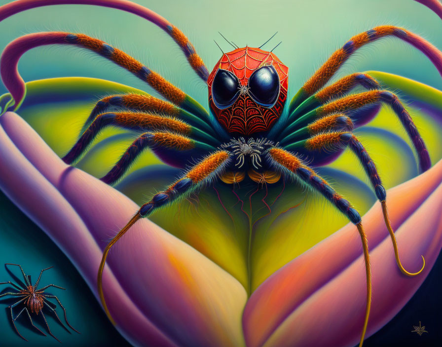 Colorful Spider Artwork with Spider-Man Mask Pattern and Flower