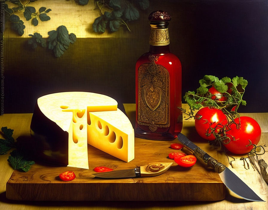 Cheese, Tomatoes, Knife, Bottle on Cutting Board with Green Leaves