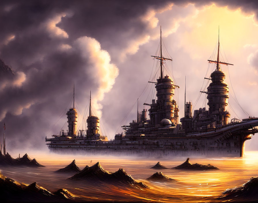 Steampunk-style battleship on golden sea under dramatic sky