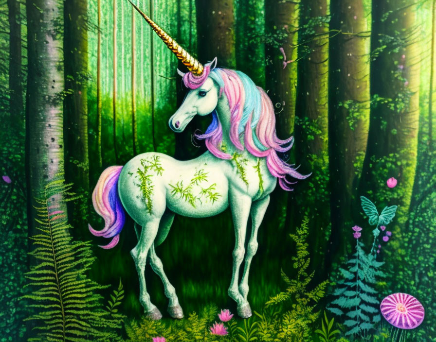 Golden horned unicorn in enchanted forest with pastel mane