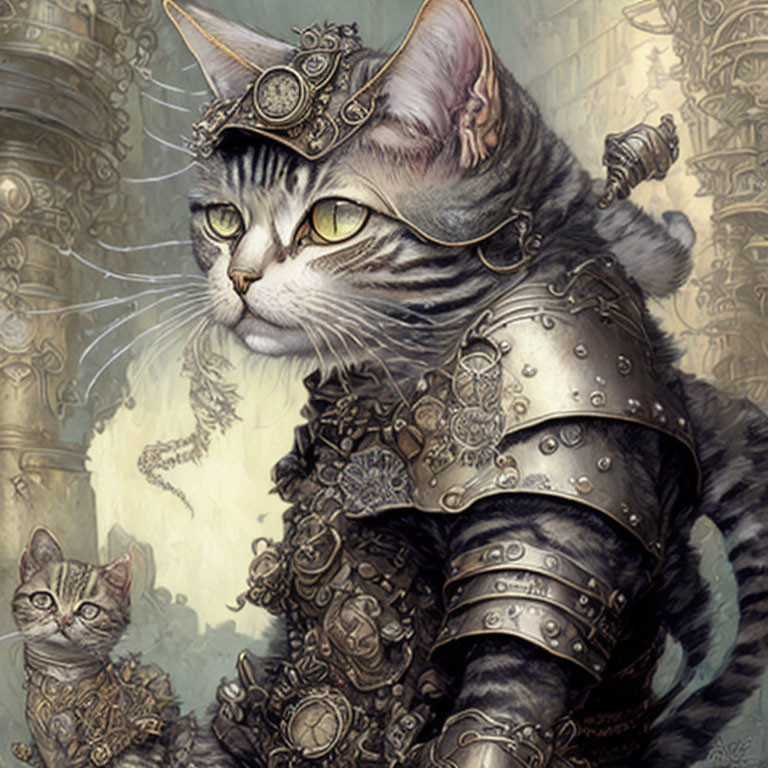 Detailed Medieval Armor Cat Illustration with Ancient Architecture