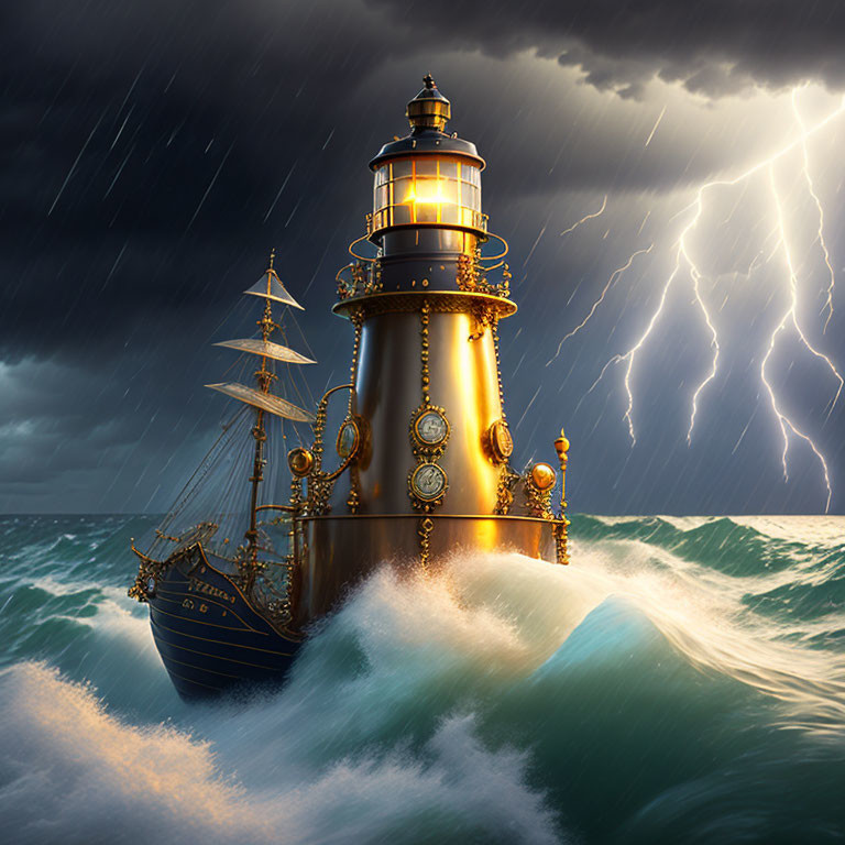 Steampunk lighthouse in stormy seas with lightning and old ship