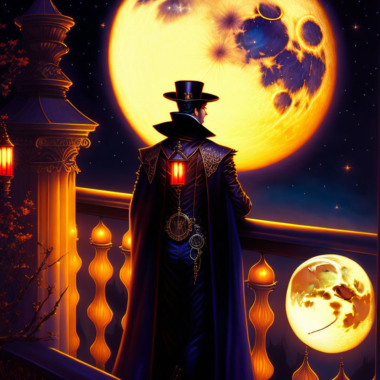 Mysterious cloaked figure in fantasy nightscape with two moons and lanterns