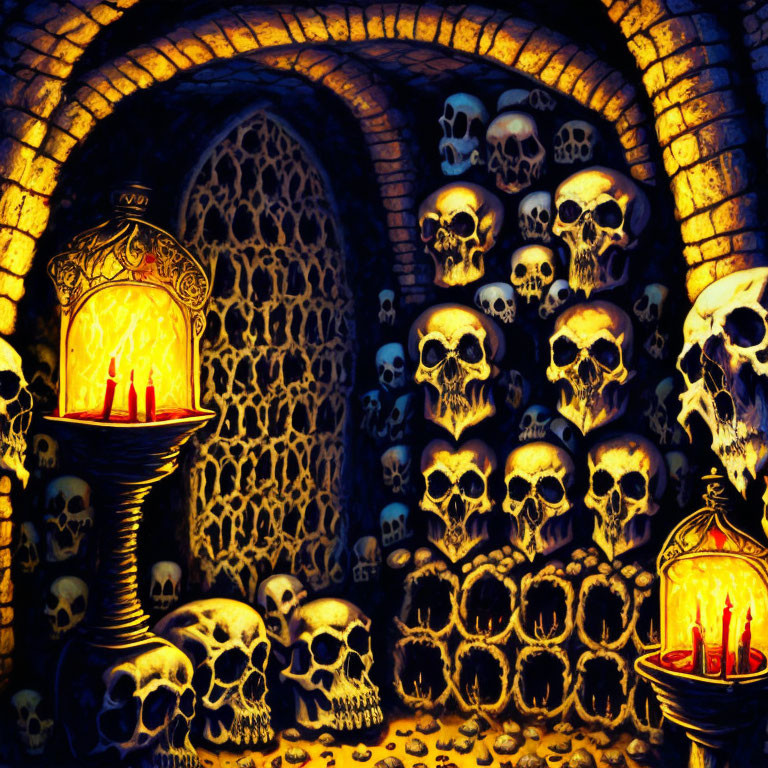 Gothic image of arched stone wall with human skulls and candlelit lanterns