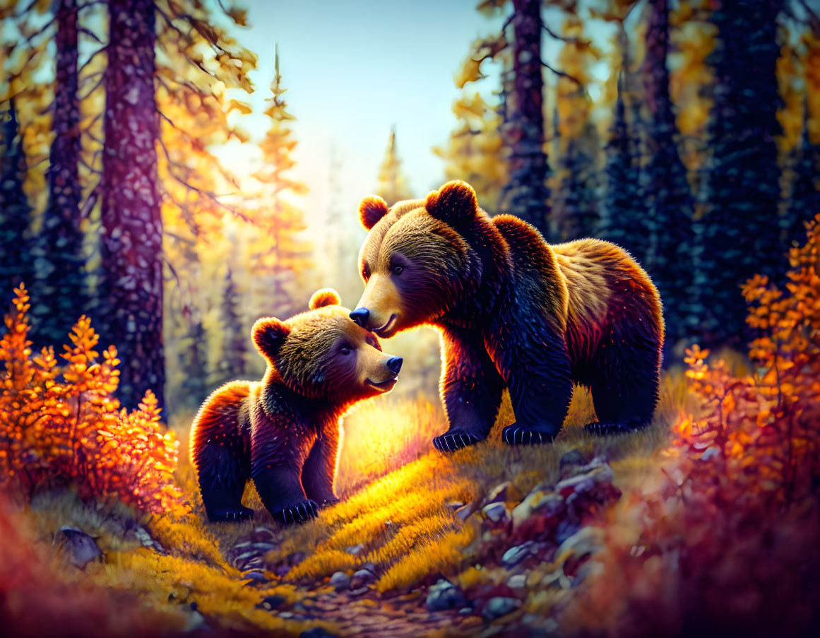 Two Bears in Vibrant Autumn Forest Touching Under Sunlight