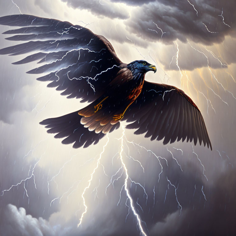 Eagle Flying in Stormy Skies with Lightning