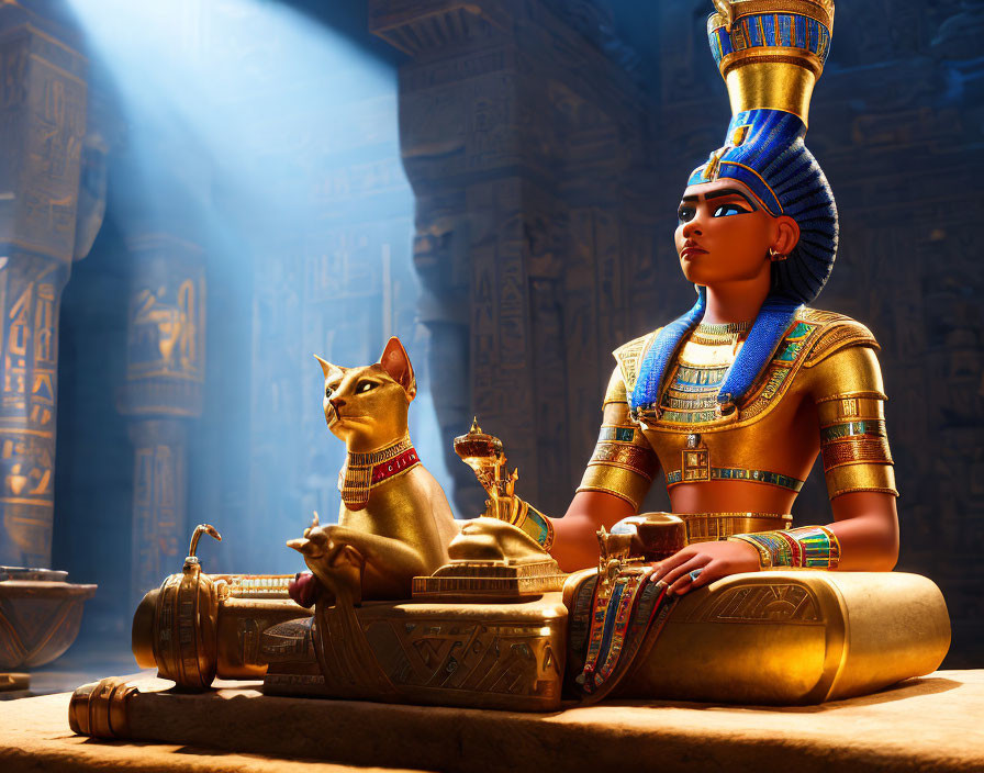 Animated Egyptian queen with headdress and golden cat statue in ancient temple