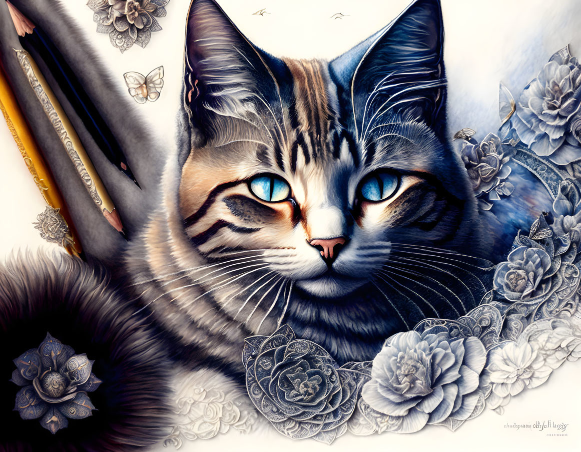 Detailed Artwork: Cat with Striking Blue Eyes & Blue Floral Patterns