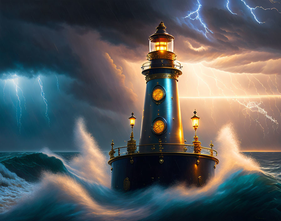 Stormy Ocean Scene: Lighthouse in Lightning Storm