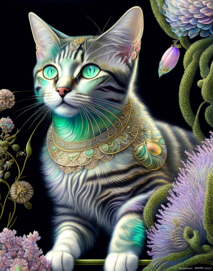 Majestic cat with green eyes and gold collar in vibrant flora