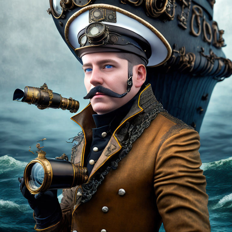 Steampunk man with telescope in naval cap and monocle by misty sea