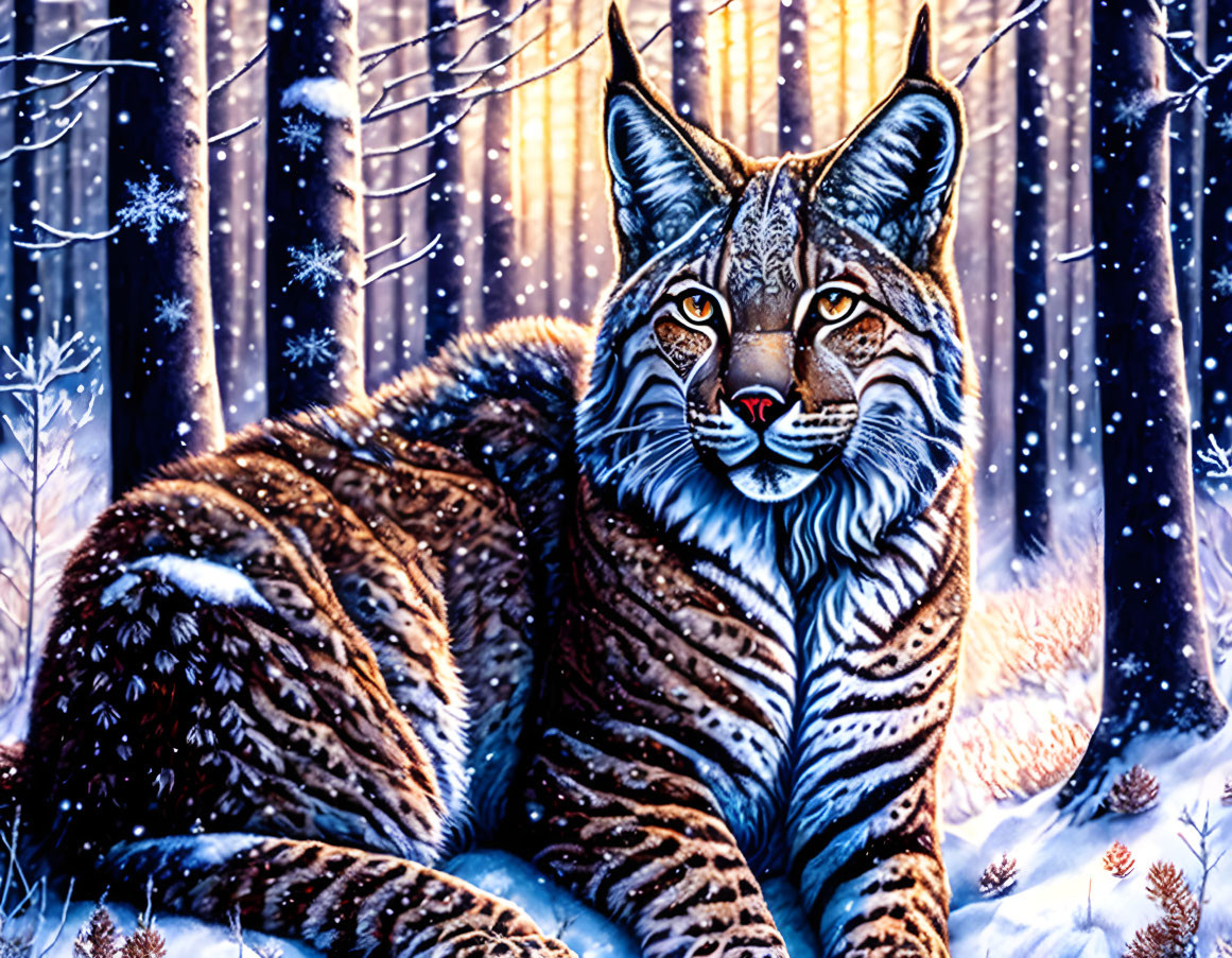 Majestic bobcat in snowy forest with falling snowflakes