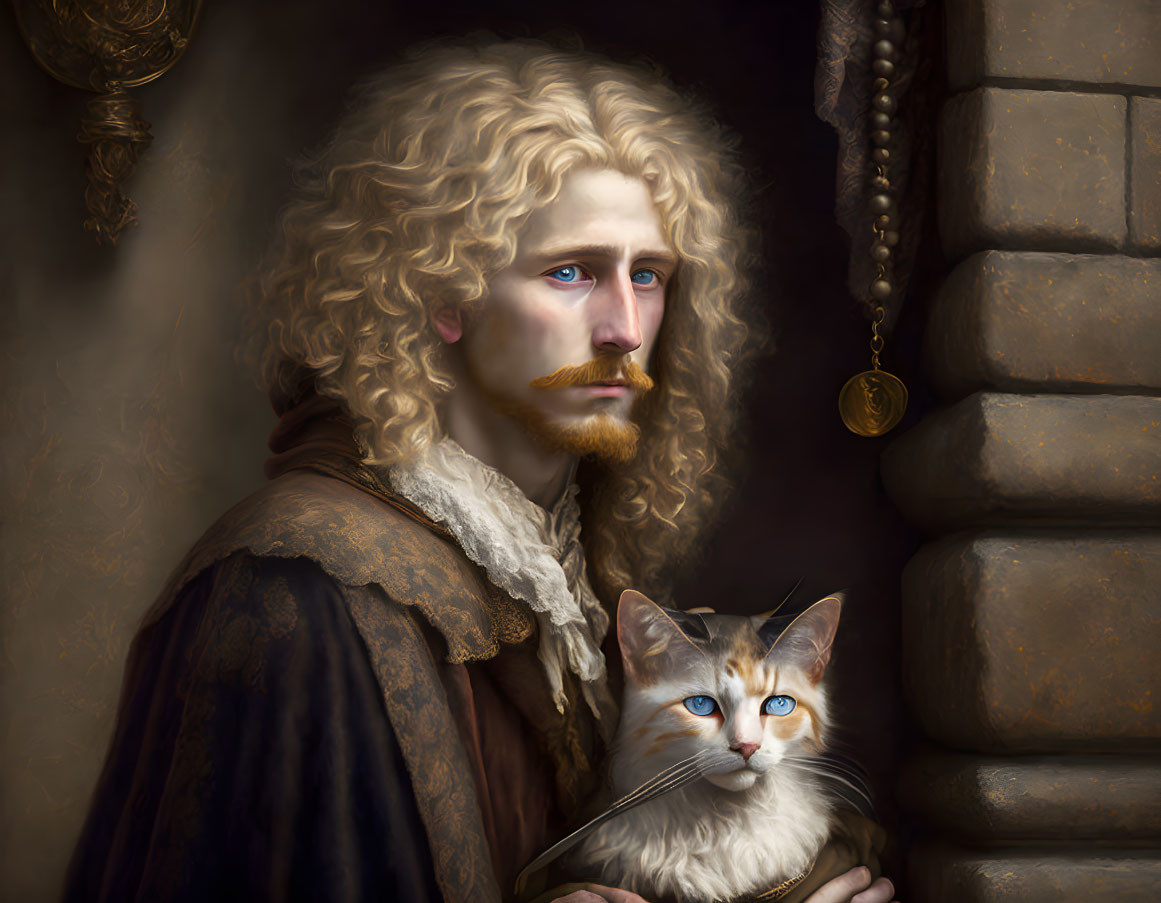 Long-haired man in period attire with cat against stone wall