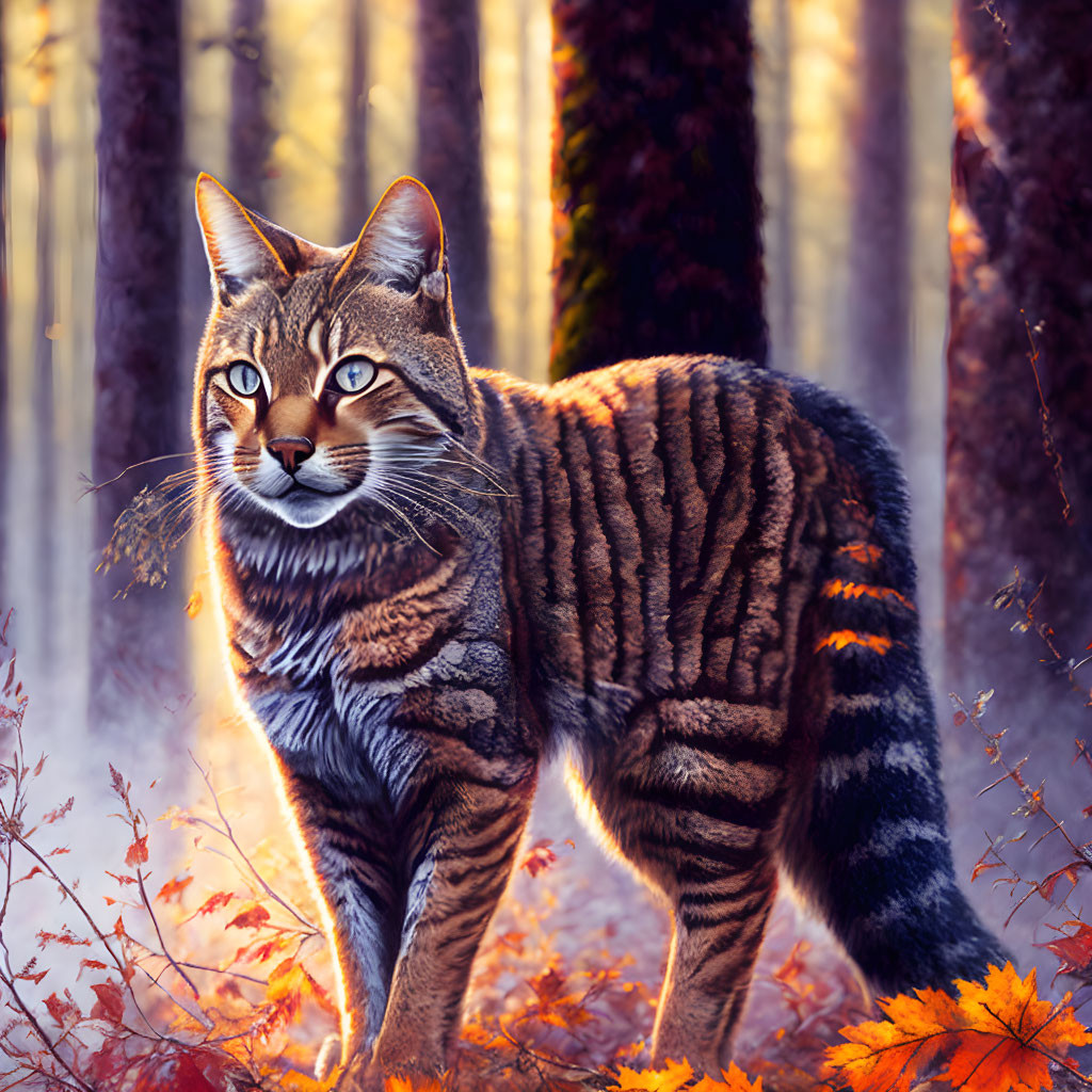 Digitally altered image: Large striped cat in magical autumn woodland