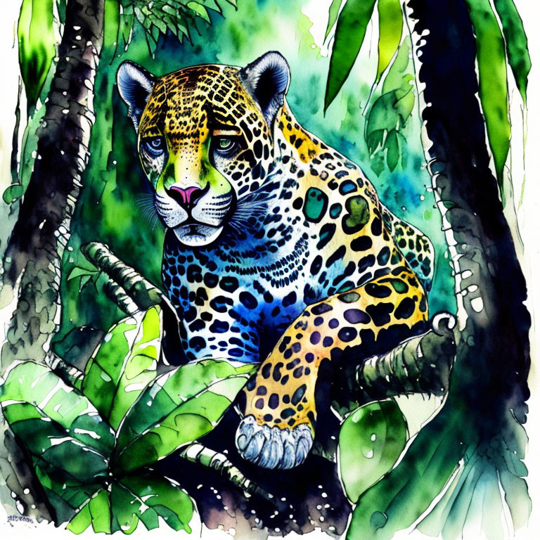 Jaguar Watercolor Illustration in Lush Greenery