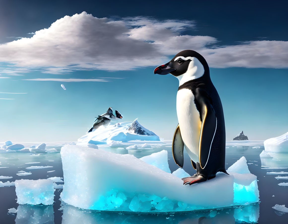 Penguin on Clear Blue Iceberg in Vast Ocean