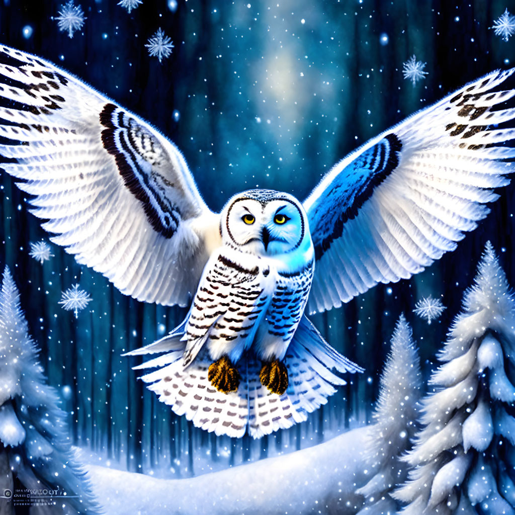 Snowy owl soaring in wintry landscape with falling snowflakes and frosted trees