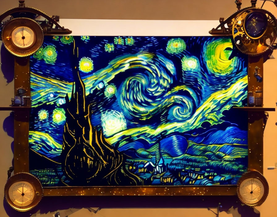 Steampunk-inspired rendition of Starry Night with mechanical elements