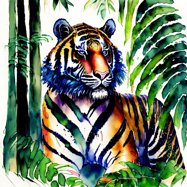 Vibrant Watercolor Painting of Tiger in Green Foliage