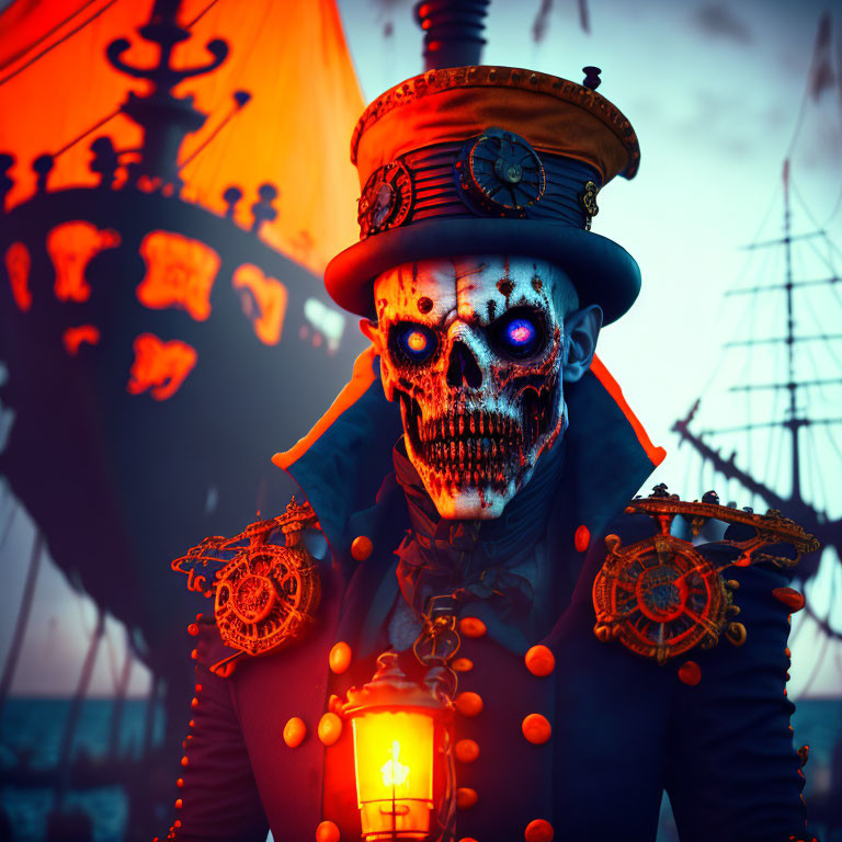 Elaborate pirate costume with skull mask and lantern, ghostly ships in background