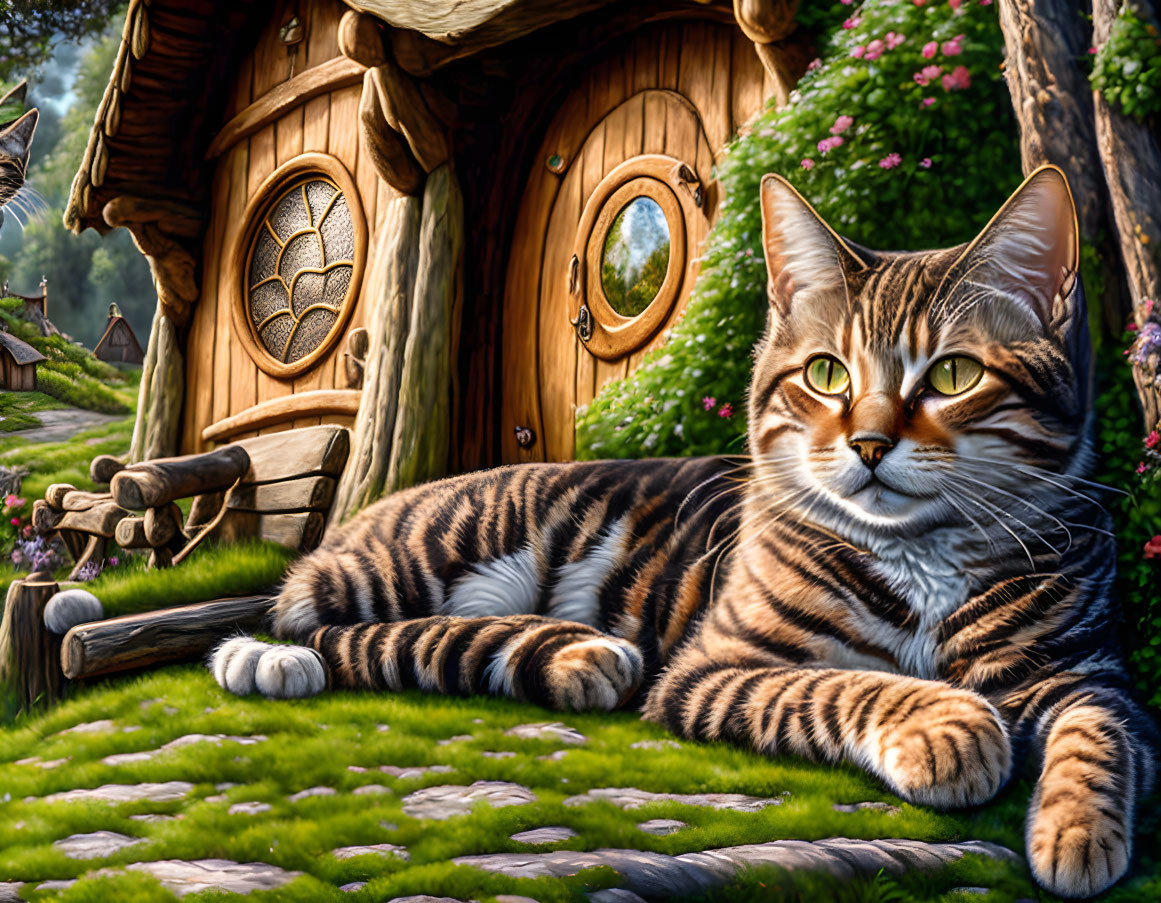 Striped cat relaxing in front of whimsical wooden house with round windows amidst lush greenery and blo