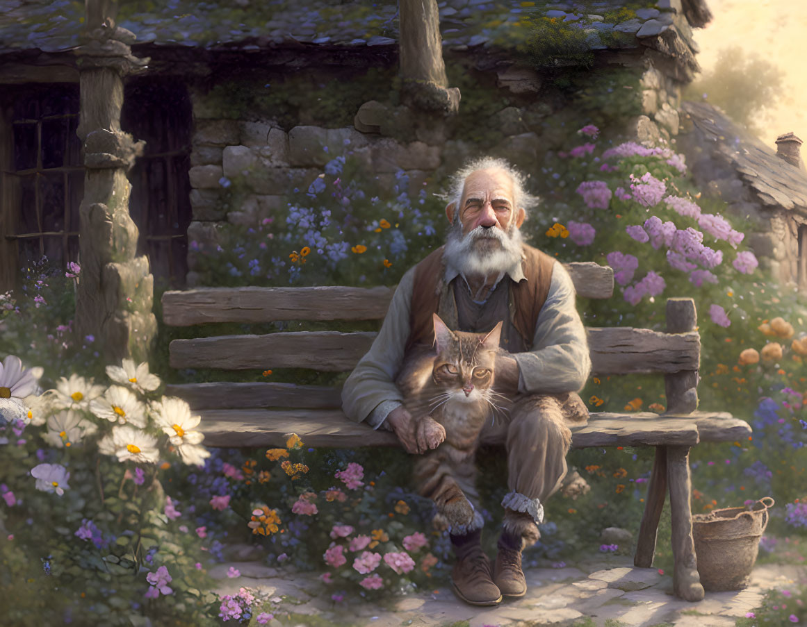 Elderly man with white beard holding cat on bench near stone cottage surrounded by blooming flowers