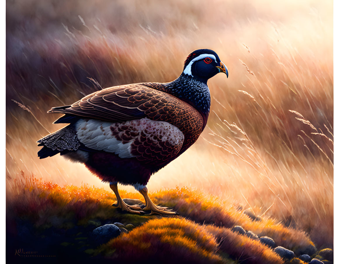 Colorful Ring-Necked Pheasant in Field with Golden Light