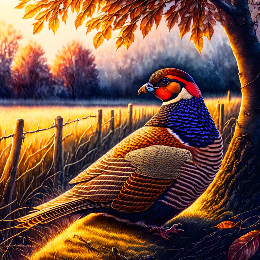 Colorful pheasant under autumn leaves in serene rustic sunset scene