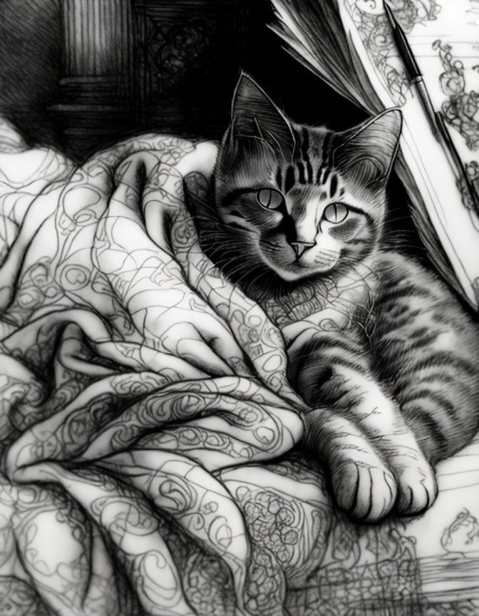 Monochrome illustration of a tabby cat in patterned blankets