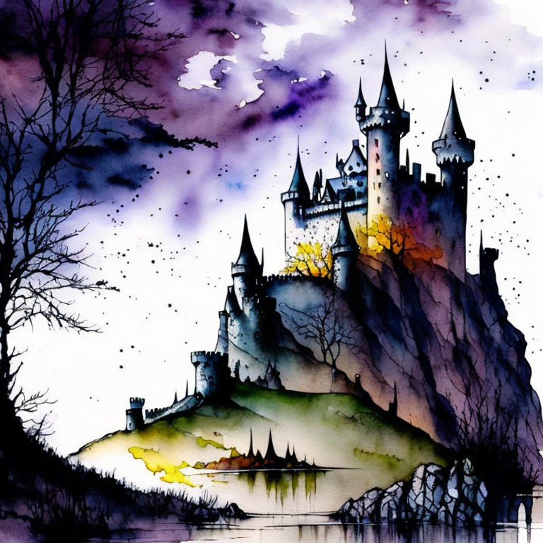 Illustrated Gothic castle on craggy hill at twilight with watercolor splashes