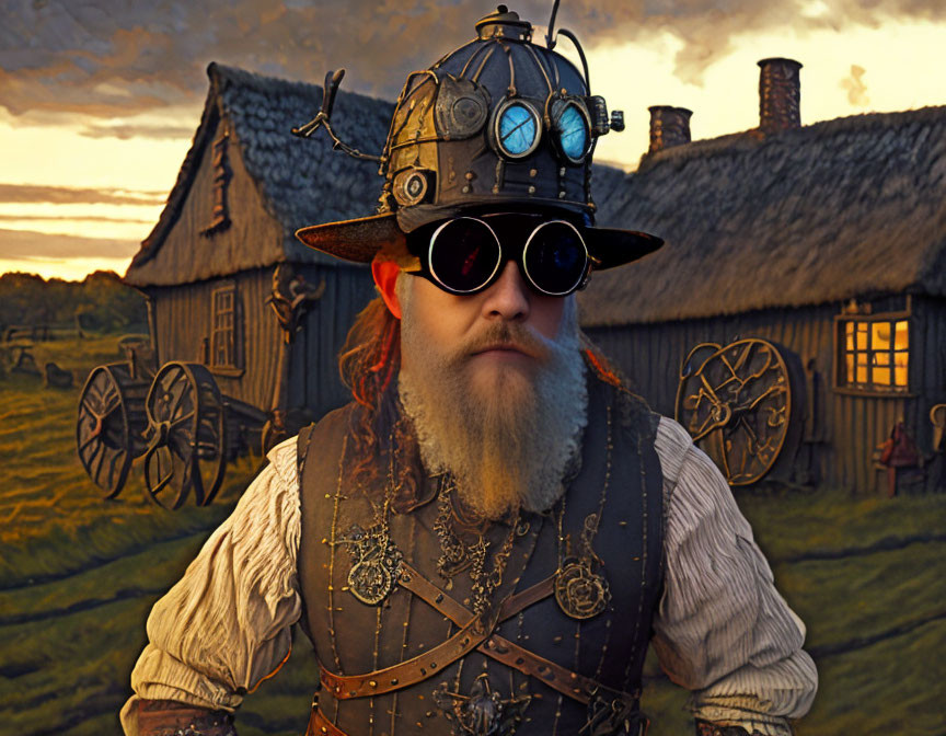 Steampunk-themed person with detailed helmet and goggles in rustic setting