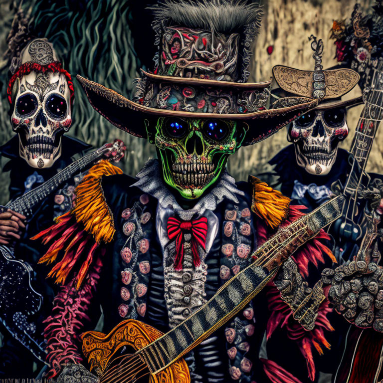 Three figures in calavera-style skull makeup with traditional Mexican attire and sombreros, one playing