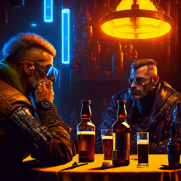 Futuristic cyberpunk men with mohawks in neon-lit bar