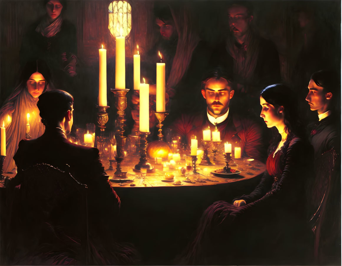 Group of solemn individuals around candlelit table in dark setting