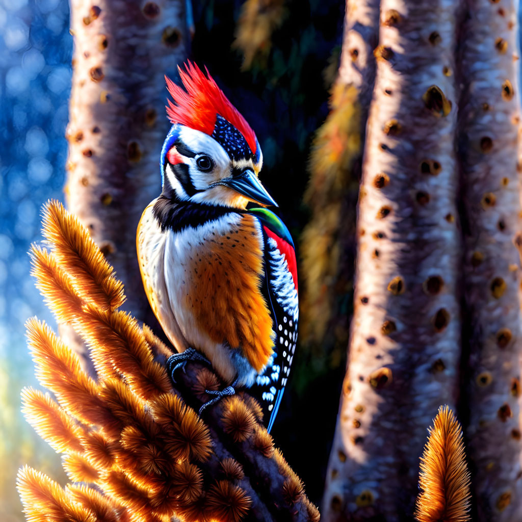 Colorful Woodpecker on Pinecone Surrounded by Cacti