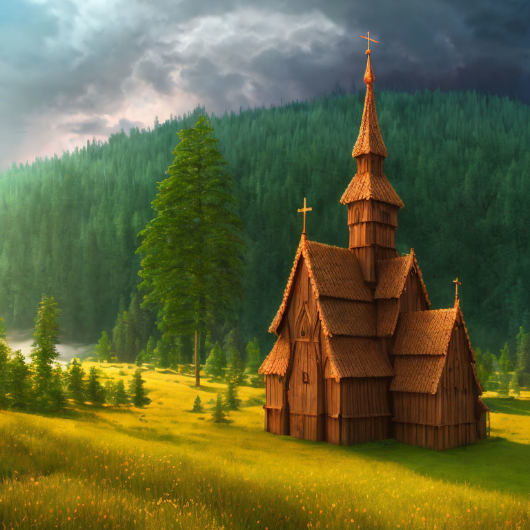 Wooden stave church with multiple tiers and crosses in lush meadow under stormy sky