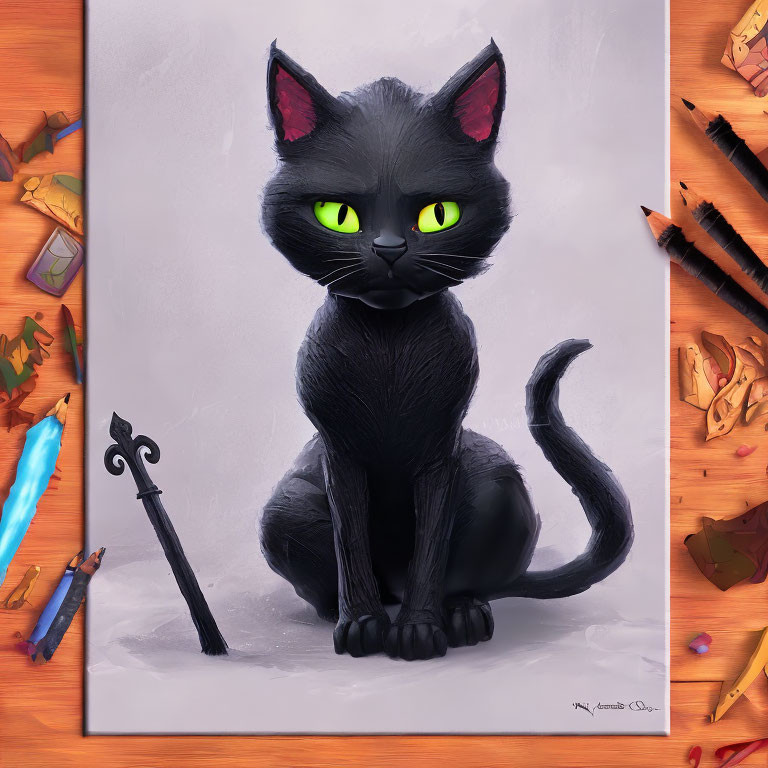 Stylized black cat with green eyes and magical items in illustration