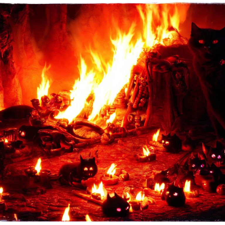 Dark, mystical scene with black cats, flames, and fiery blaze in cave setting