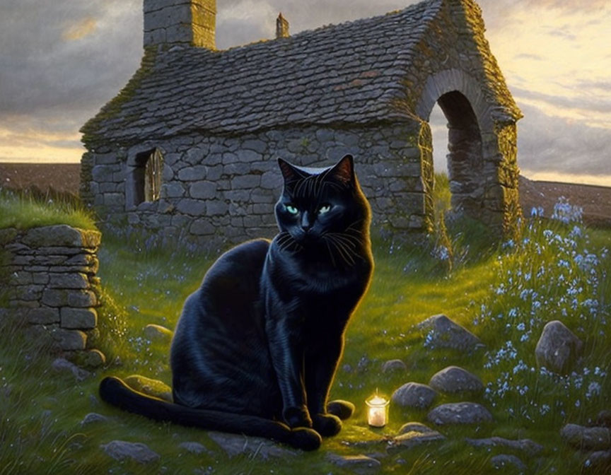 Black cat and candle in front of twilight ruin.