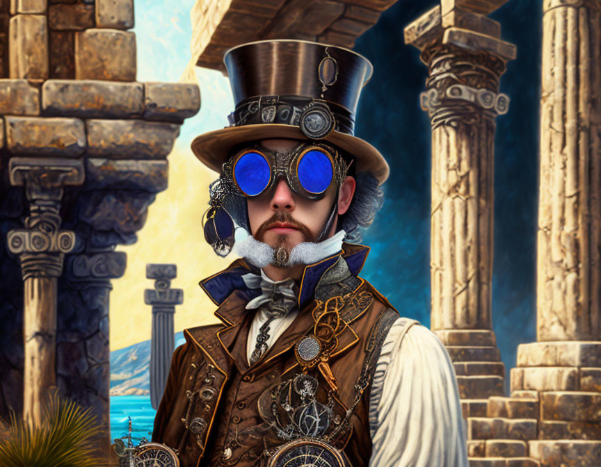 Steampunk-themed person in Victorian attire with goggles and top hat standing by ancient pillars under blue sky