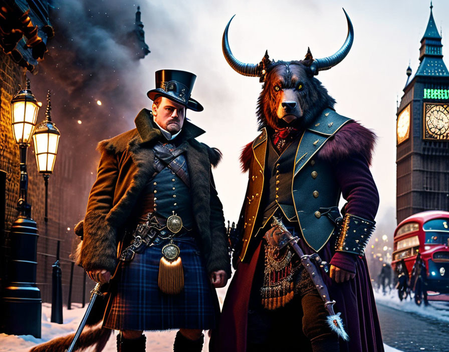 Historical man and humanoid bull in dignitary attire on snow-dusted street with Big Ben and red