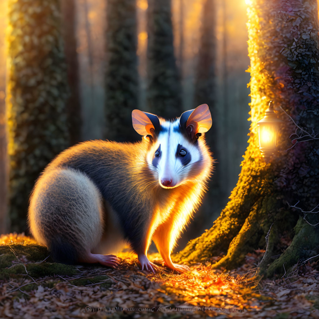 Possum-bodied creature with human-like eyes in mystical forest at sunset