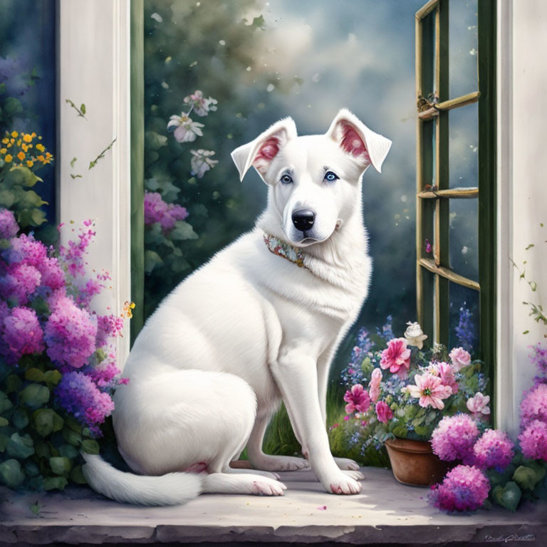 White Dog with Blue Eyes Surrounded by Flowers and Garden View