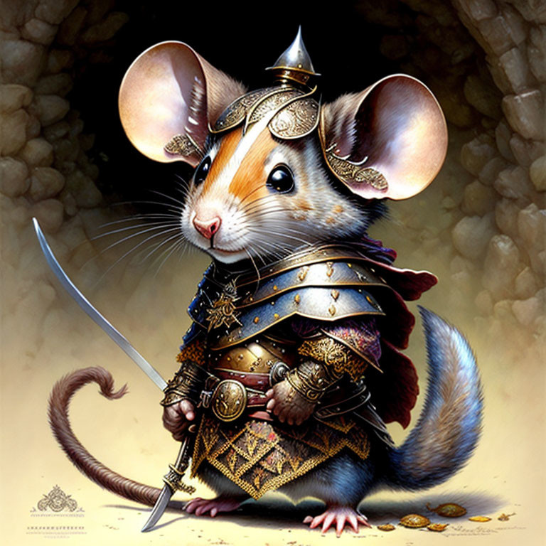 Armored mouse wielding sword in detailed fantasy warrior gear