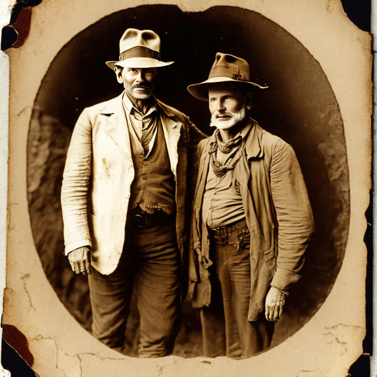 Vintage men in hats and scarves in sepia-toned photograph