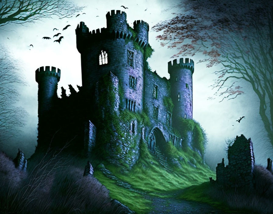 Twilight castle with illuminated windows in dark forest and flying bats