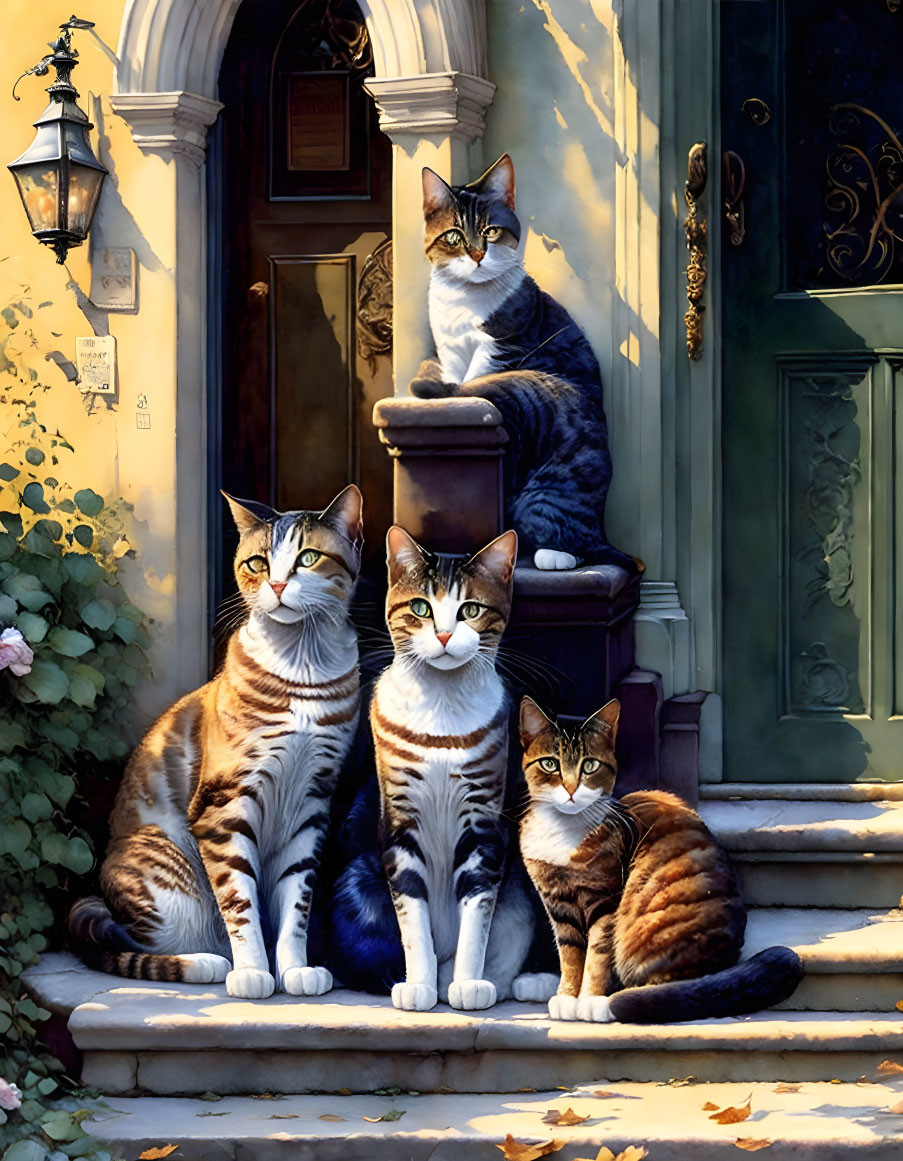 Four Cats Sitting on Steps with Lantern and Flowers at Twilight