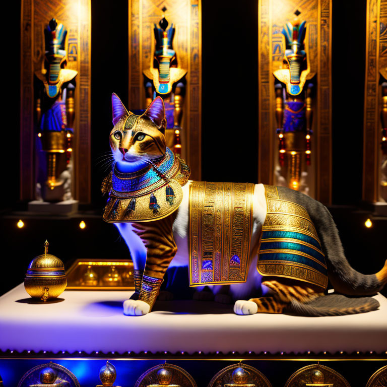 Cat in Egyptian attire surrounded by golden artifacts and candles