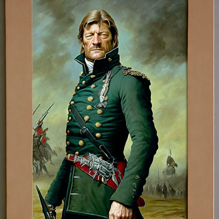 Historical military uniform portrait with confident man and battlefield scene