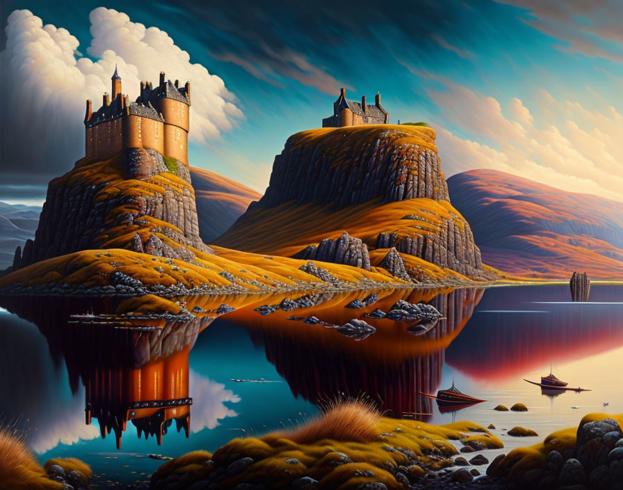 Fantastical landscape with imposing castle, cliff, reflective lake, stone bridge, boats, vibrant sunset